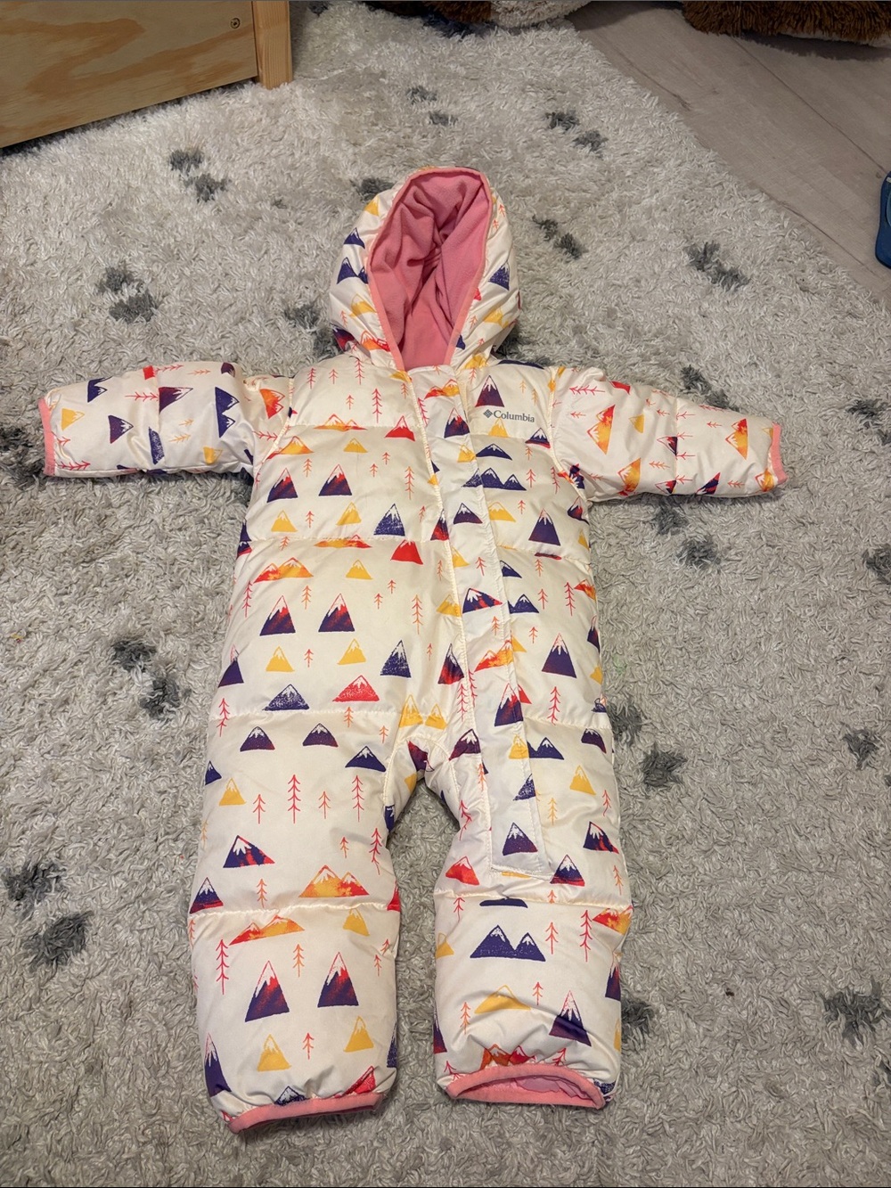 Columbia Cream Mountain-Print Insulated One-Piece with Pink Lining